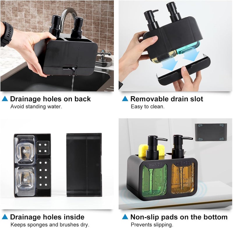 Eavida Kitchen Soap Dispenser Set, with Hand and Dish Soap, Sponge Caddy and Brush Holder 4-in-1 Kitchen Dual Soap Dispenser Set for Kitchen Sink, Bathroom - Black - Image 5
